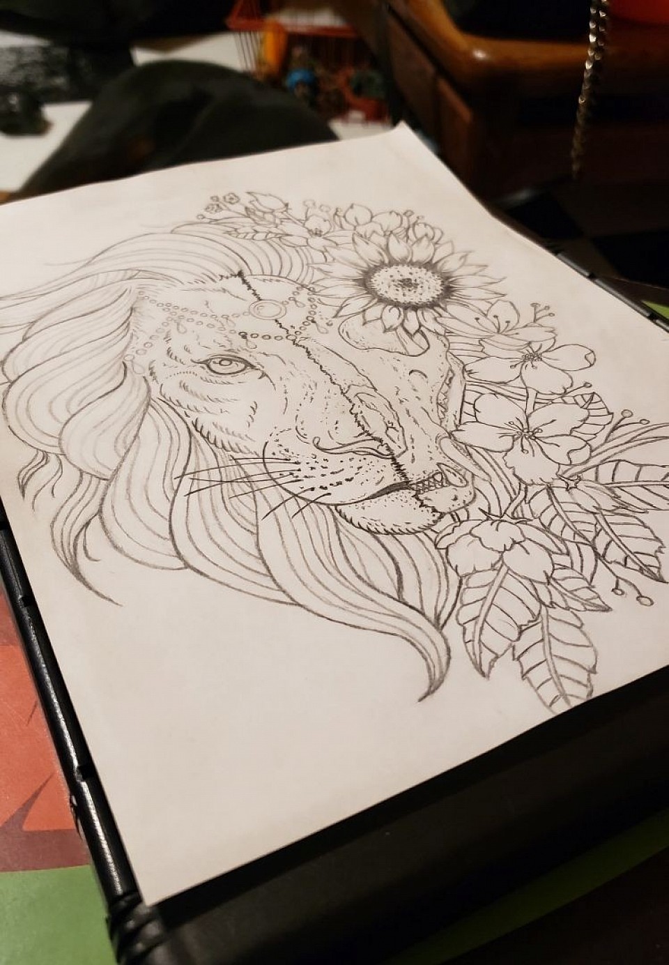 Lion, Half Skull, Sunflower
